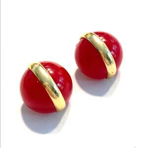 Vintage clip on earrings red Lucite & gold tone dots made in West Germany